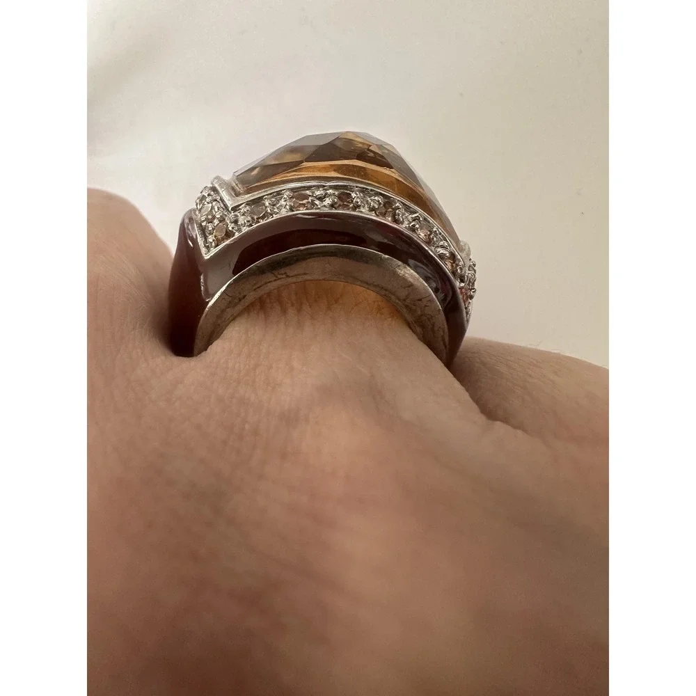 Brown Resin Dome Cocktail Ring Sz 7 Topaz Rhinestone Silver Tone Statement Rare
